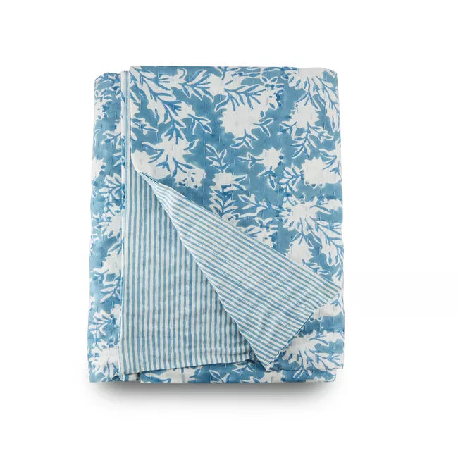 Capri Blue Block Print Stitched Throw Blanket by Kevin Francis Design | Luxury Home Decor