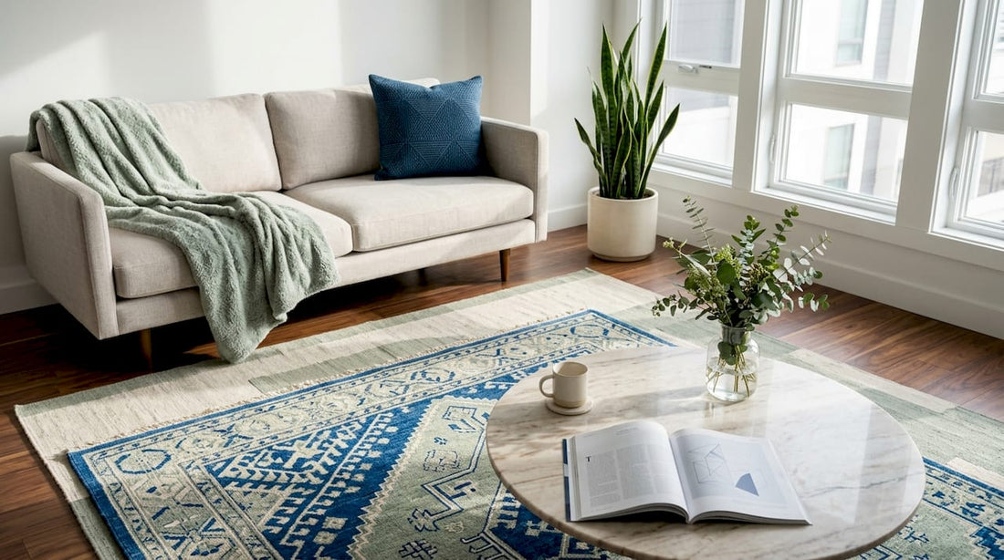 Living room with layered artisan rugs and modern furniture