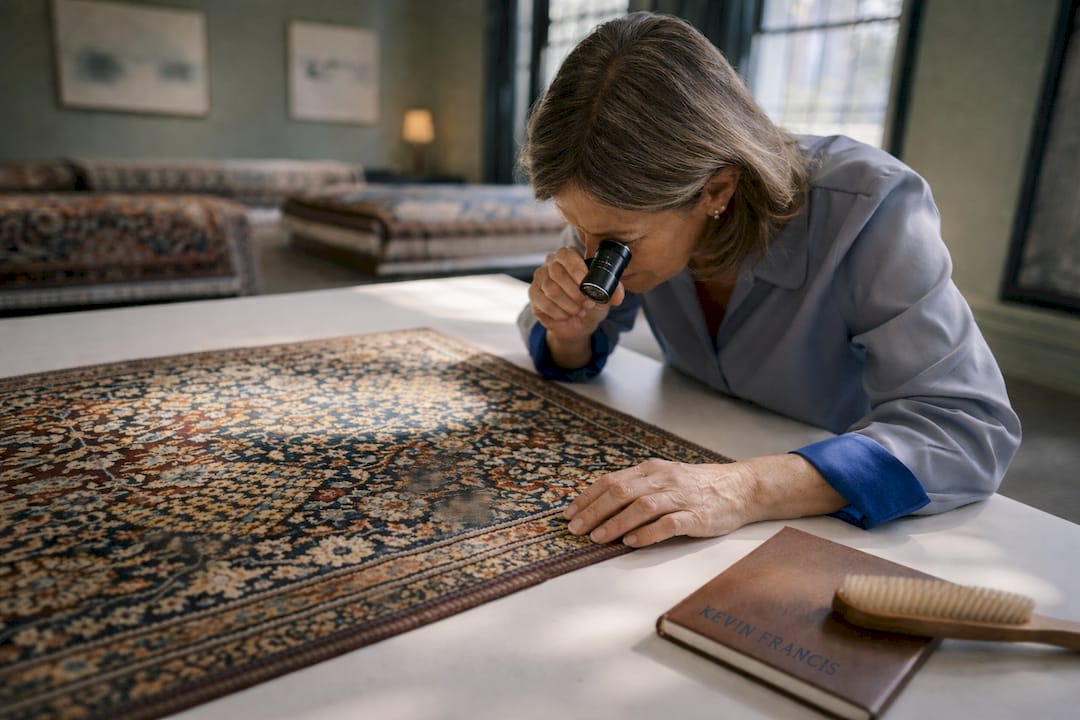 Appraiser examining luxury handmade rug