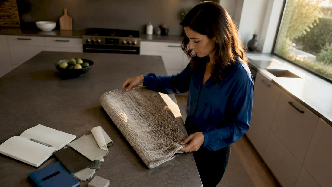 Interior designer assessing Tibetan knot rug in living room