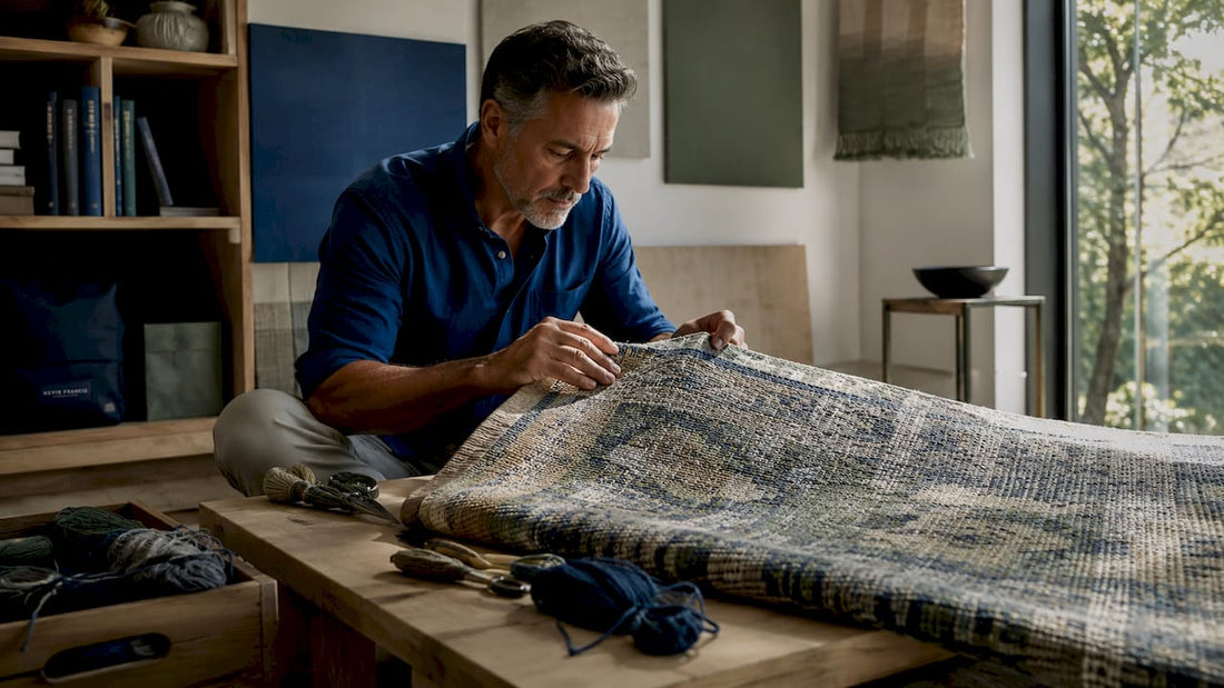 Artisan inspecting knot nodes on rug back