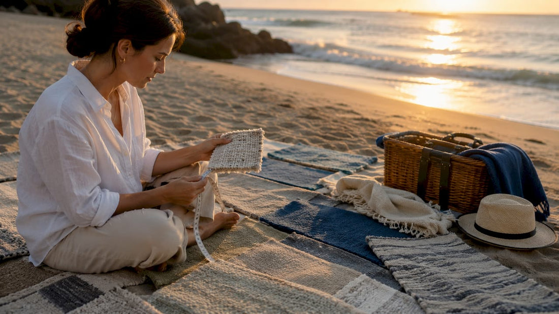 Woman examining artisan rug samples on floor