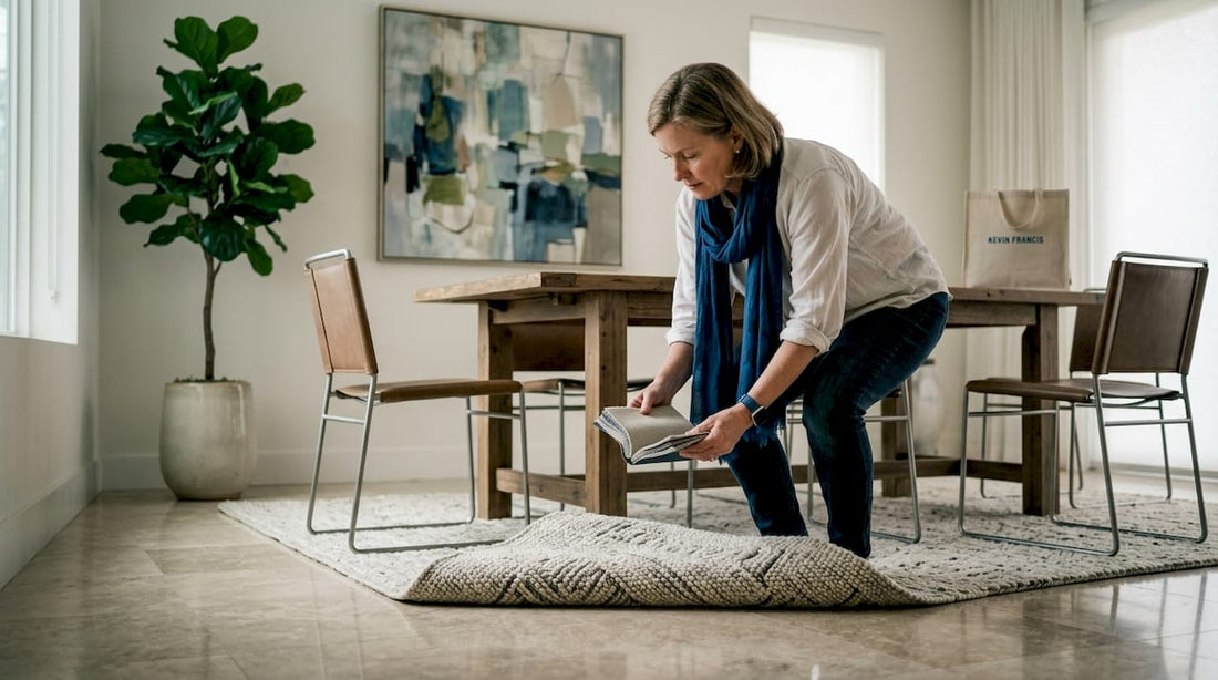 Woman examining rug in living room