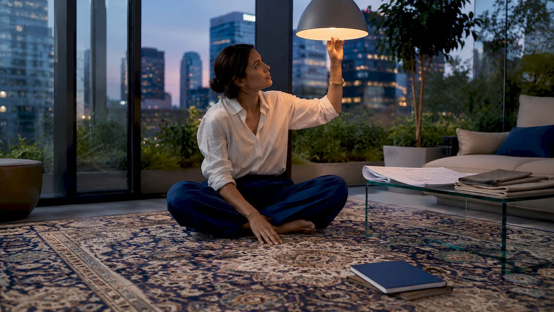 Designer adjusting luxury lighting on area rug