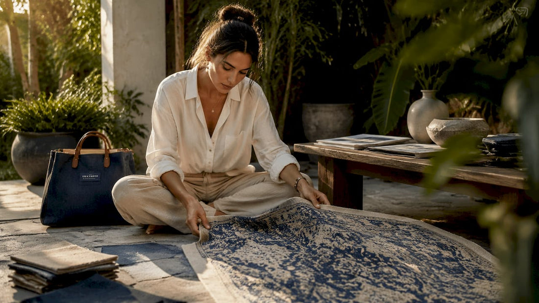 Interior designer examining luxury handmade rug sample