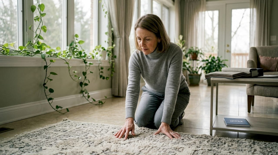 Woman examining luxury wool rug closely
