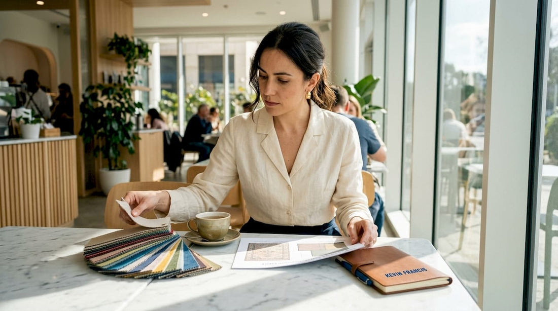 Designer reviewing custom rug brief with fabric samples