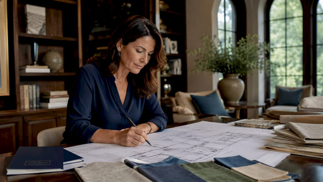 Interior designer reviewing luxury design blueprints