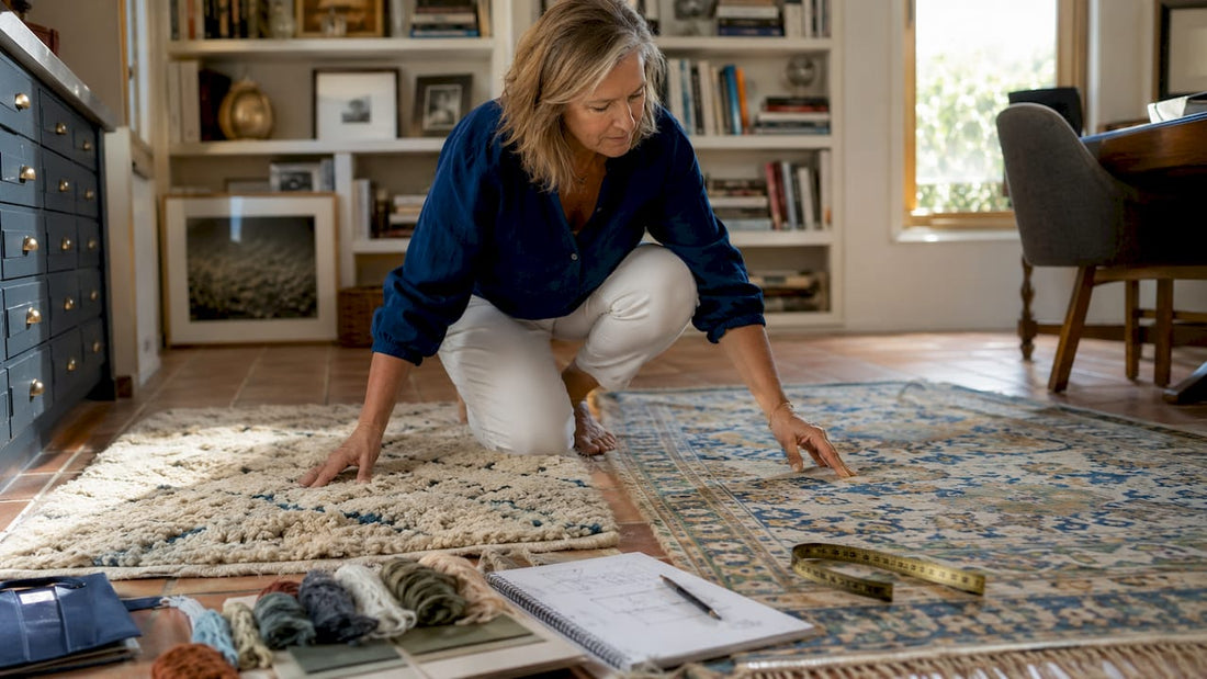 Interior designer comparing two handmade rugs