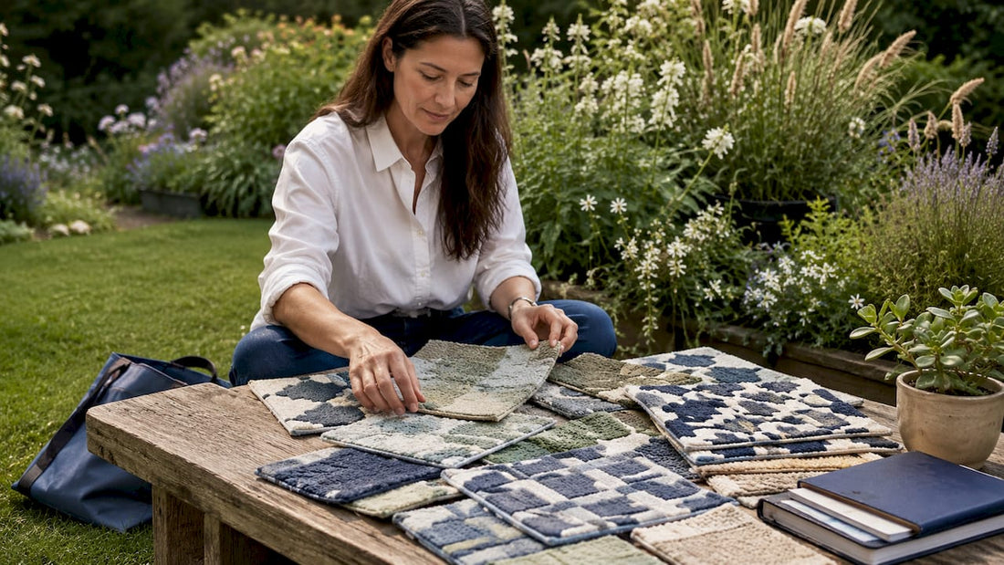 Artisan examining handwoven rug samples in studio