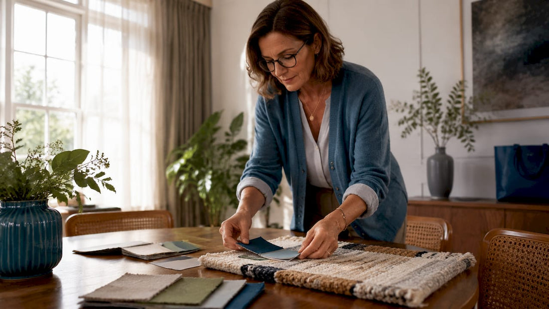 Interior designer selecting rug color samples