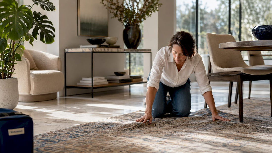 Woman placing designer rug in living room