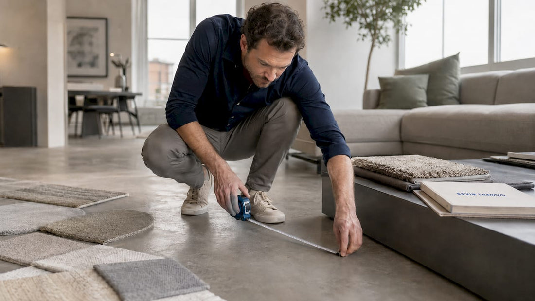 Interior designer measuring an irregular room for custom rug