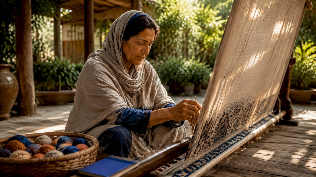 Artisan hand-knotting a wool rug on vertical loom