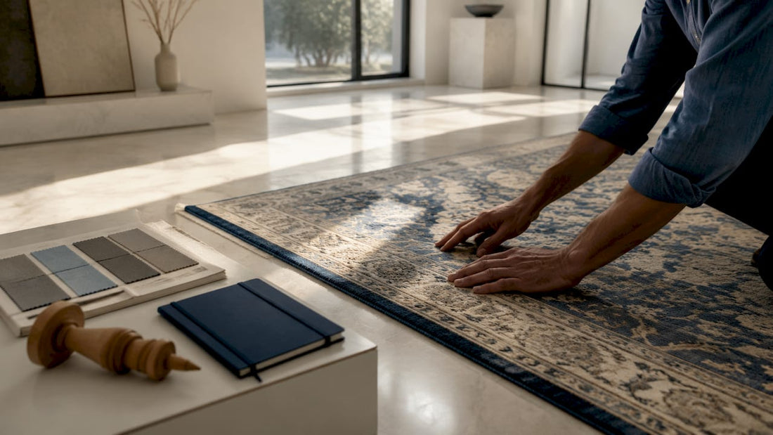 Close-up of hands examining a signature rug in studio