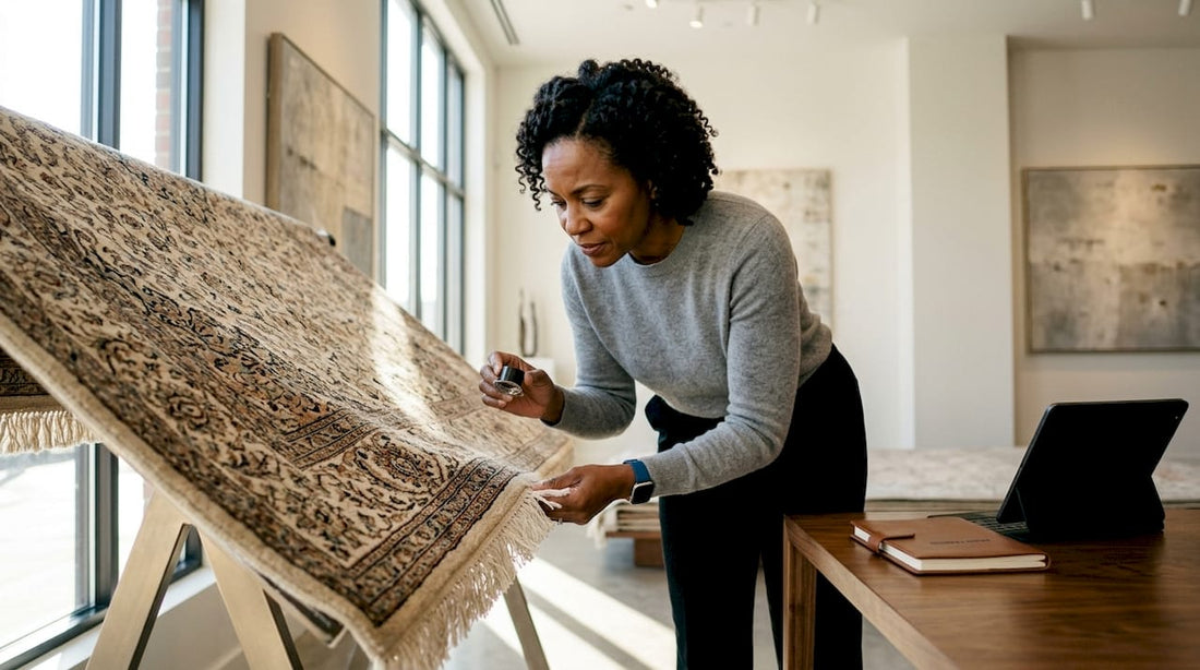 Buyer inspecting luxury rug fibers in showroom