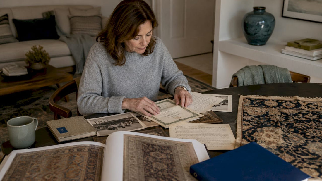 Woman reviewing luxury rug provenance documents