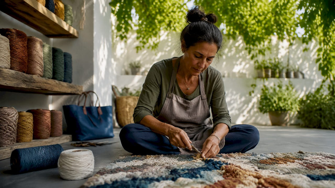 Artisan hand-knotting wool rug in workshop