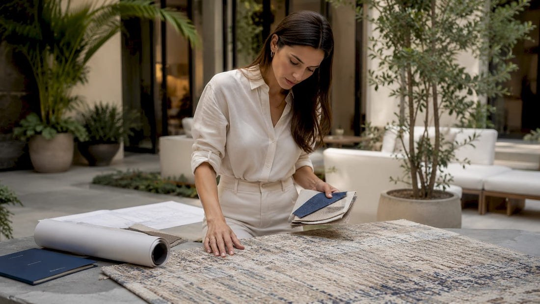 Designer examining bespoke hotel rug sample