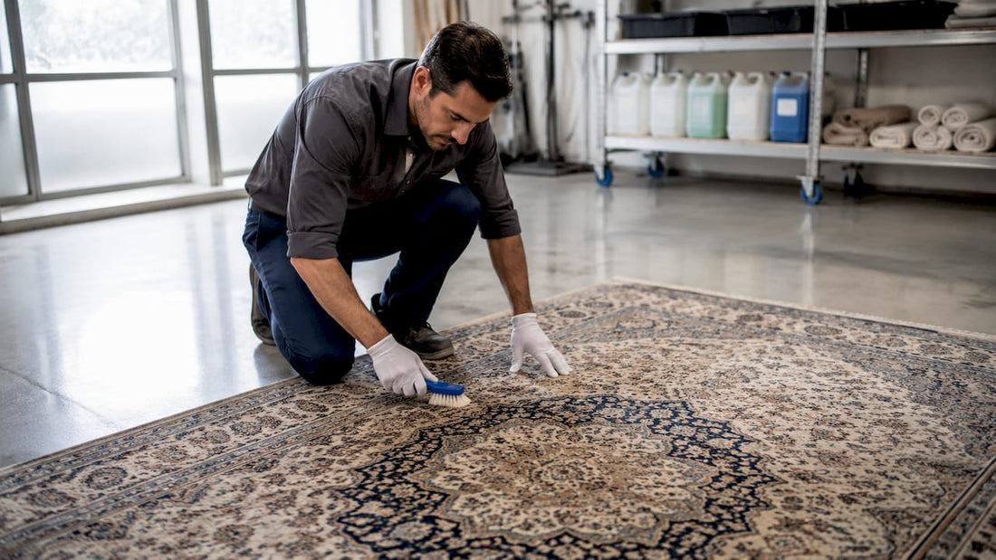Professional inspecting luxury rug for cleaning
