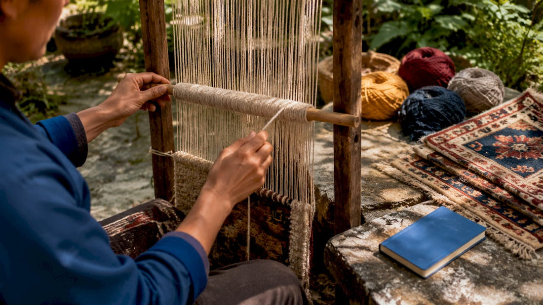 Close-up of hands knotting Tibetan rug yarn