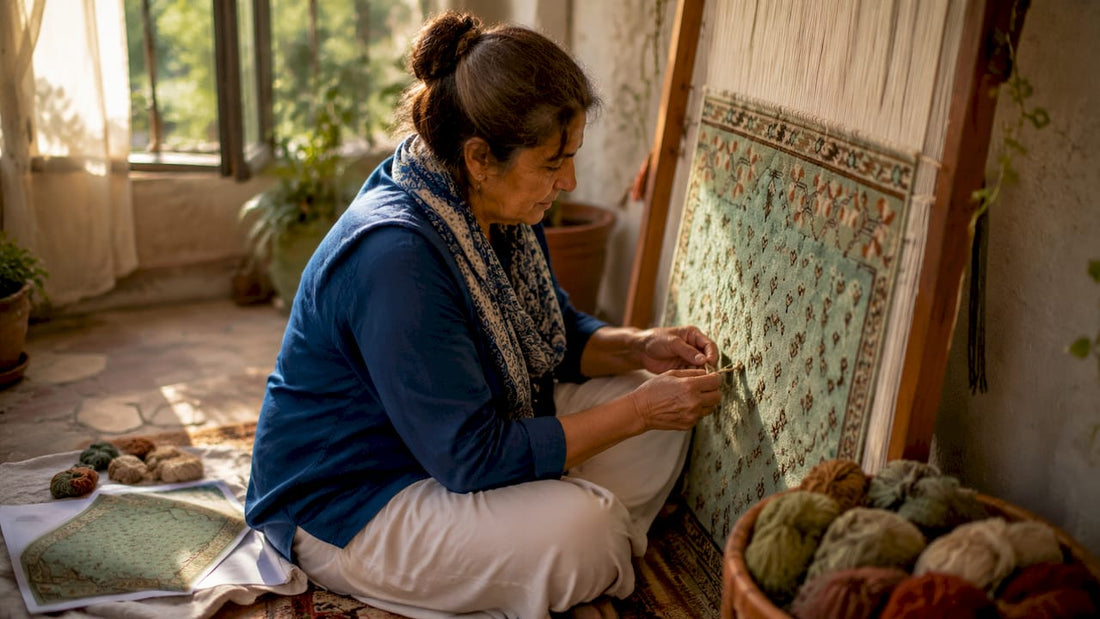 Artisan hand-knotting a vibrant wool rug