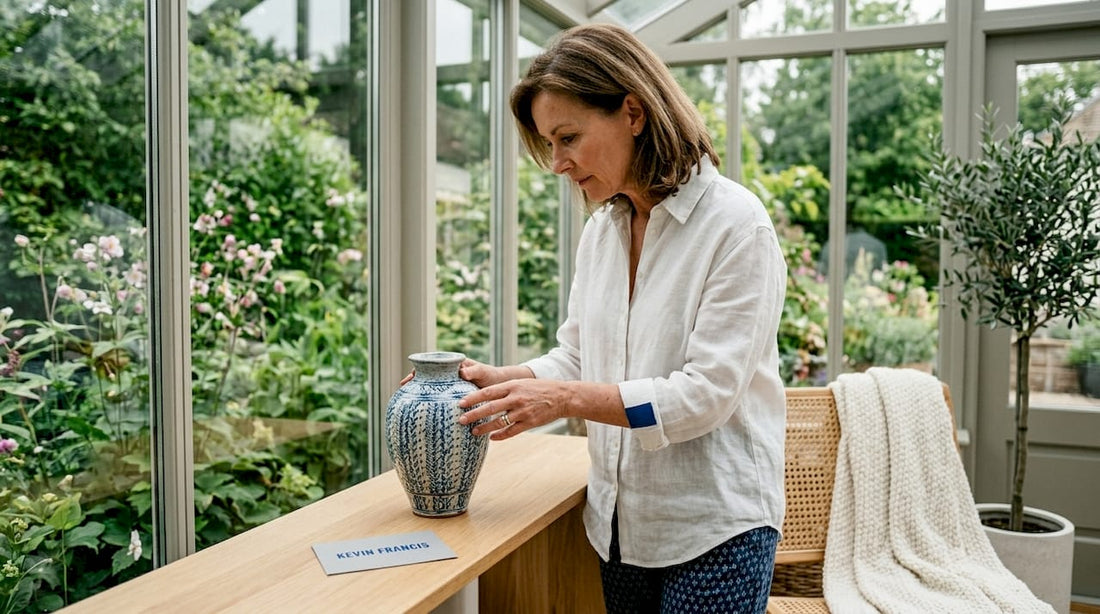 Woman examining luxury ceramic vase in living room