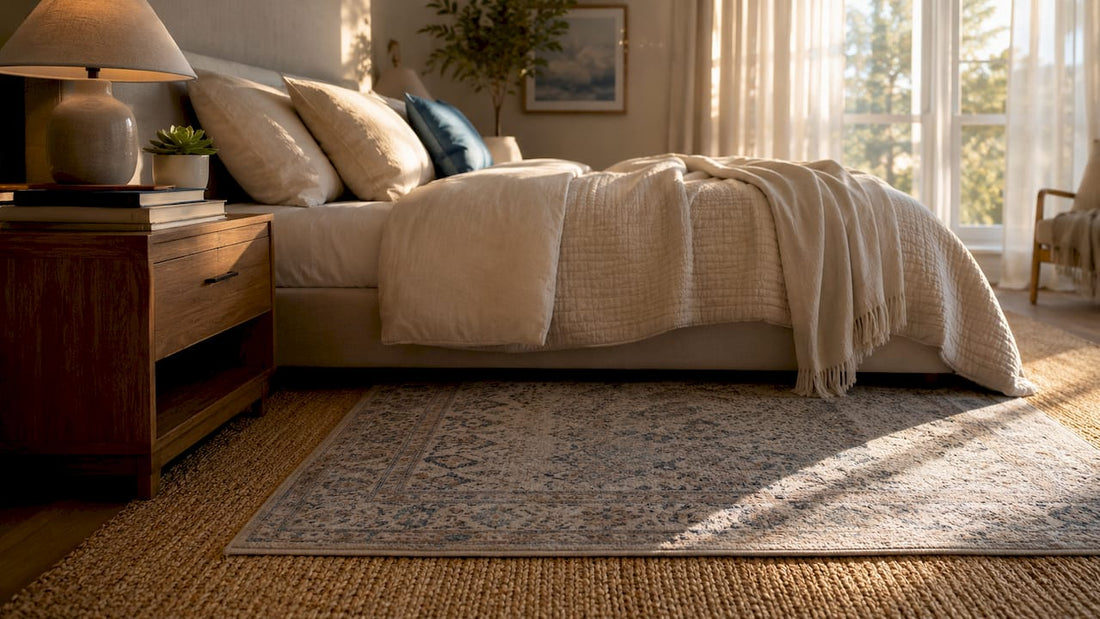 Layered rugs under queen bed in master bedroom