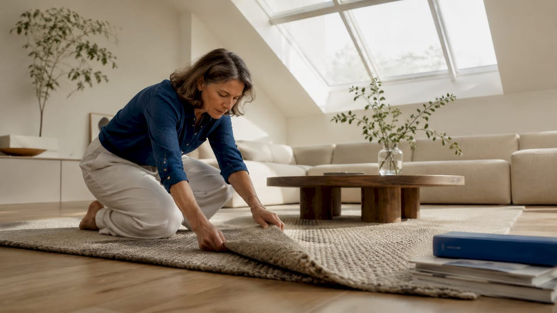 Woman arranging handmade rug in living room