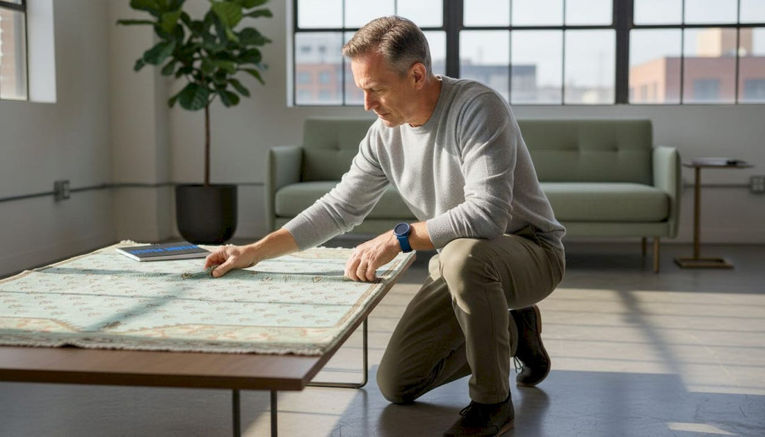 Man inspecting vintage rug at auction house