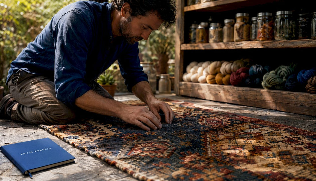 Hands touching natural wool handmade rug