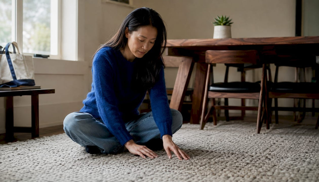Woman feeling texture of wool rug at home
