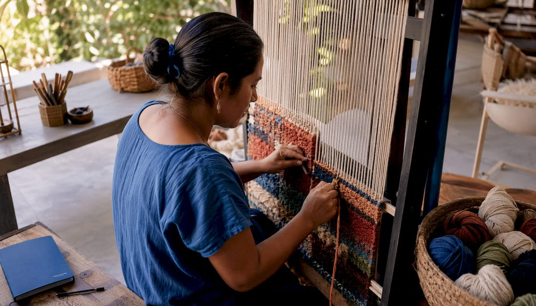 Artisan weaving flat weave rug on loom