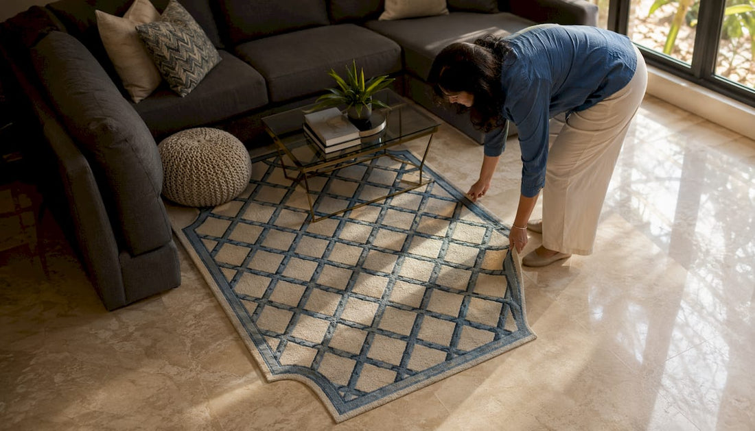 Woman placing area rug in living room