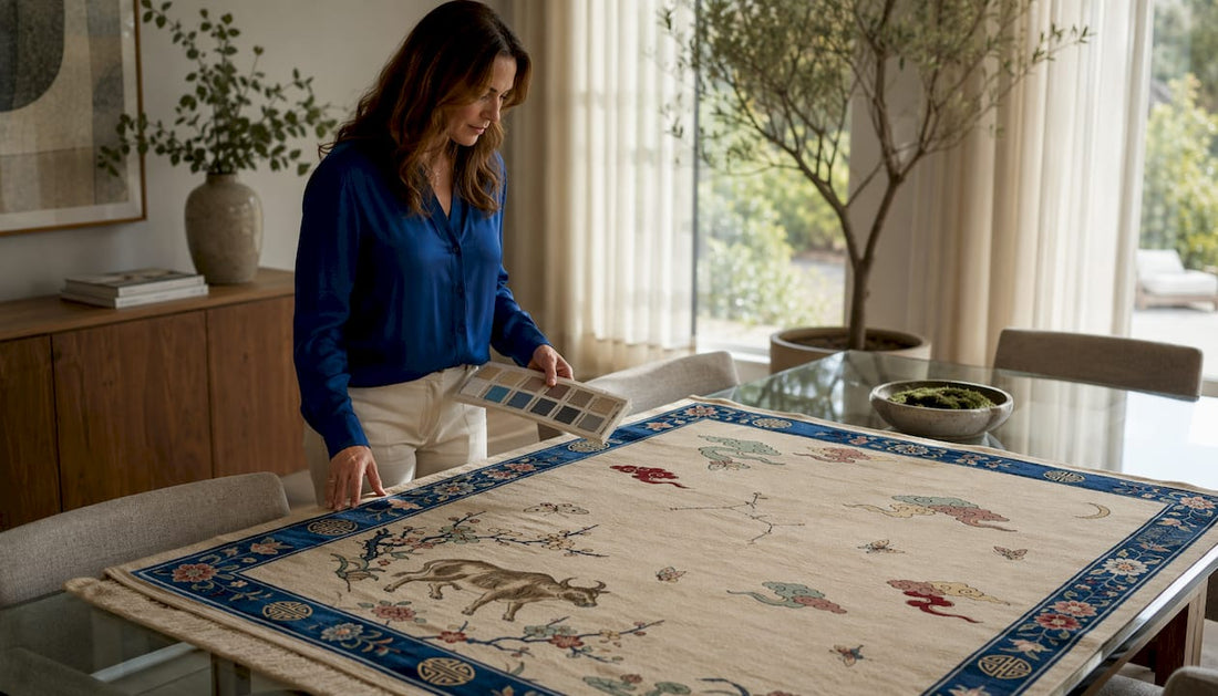 Designer examining custom rug in modern living room