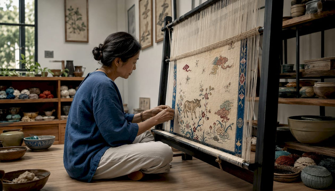 Artisan weaving traditional rug on loom