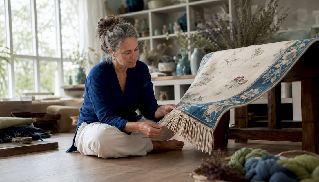 Artisan examining back of hand-knotted rug