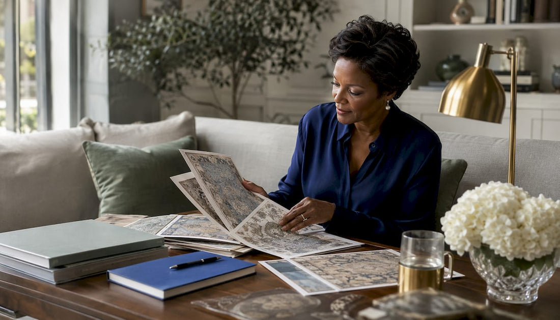 Luxury homeowner reviewing bespoke rug options