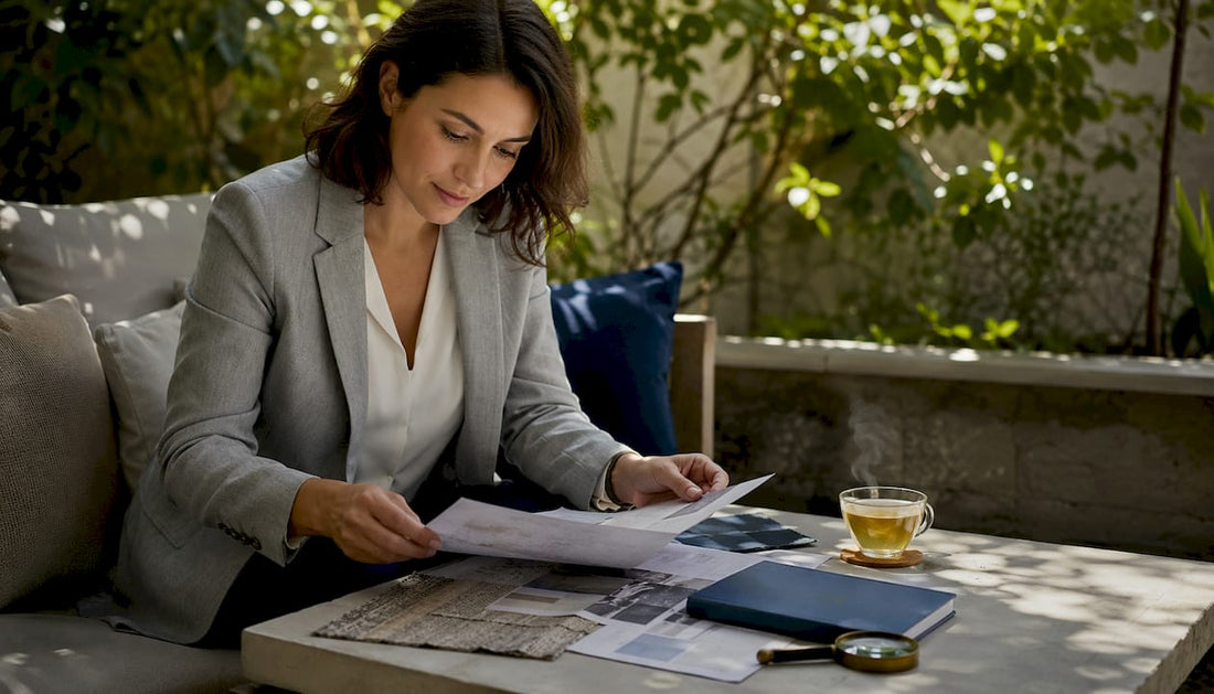 Designer reviewing provenance documents in luxury interior