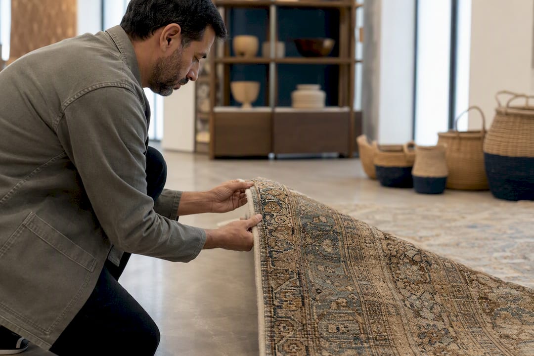 Artisan inspecting hand-knotted rug knots