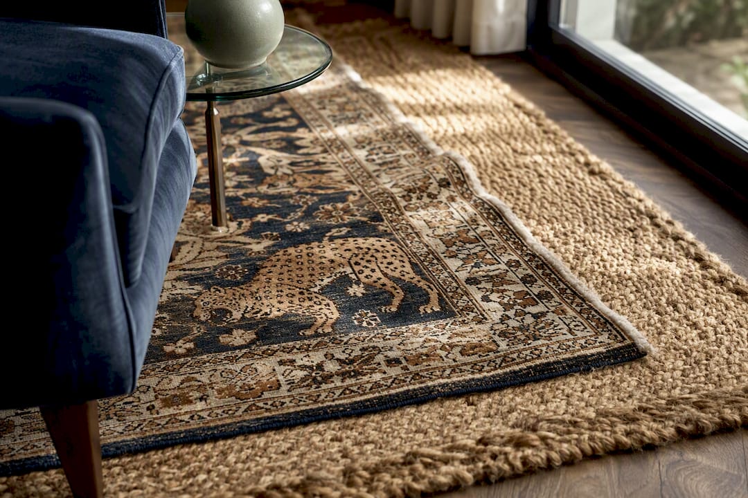 Layered neutral and patterned artisan area rugs on hardwood floor