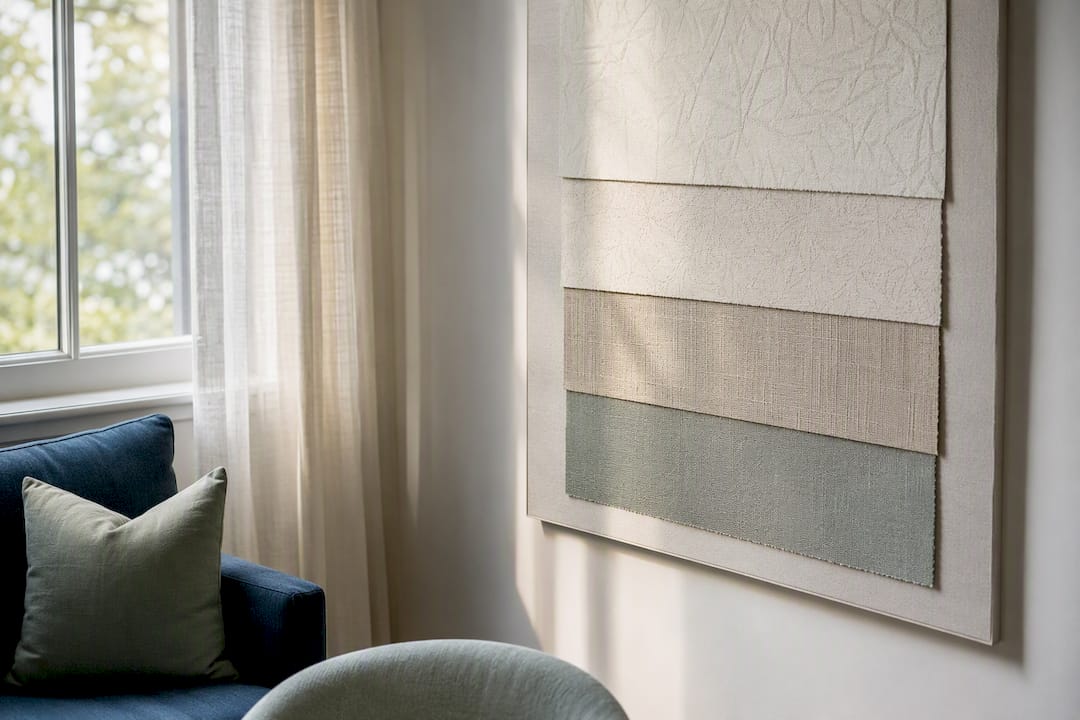Sunlit wall with wallpaper test swatches