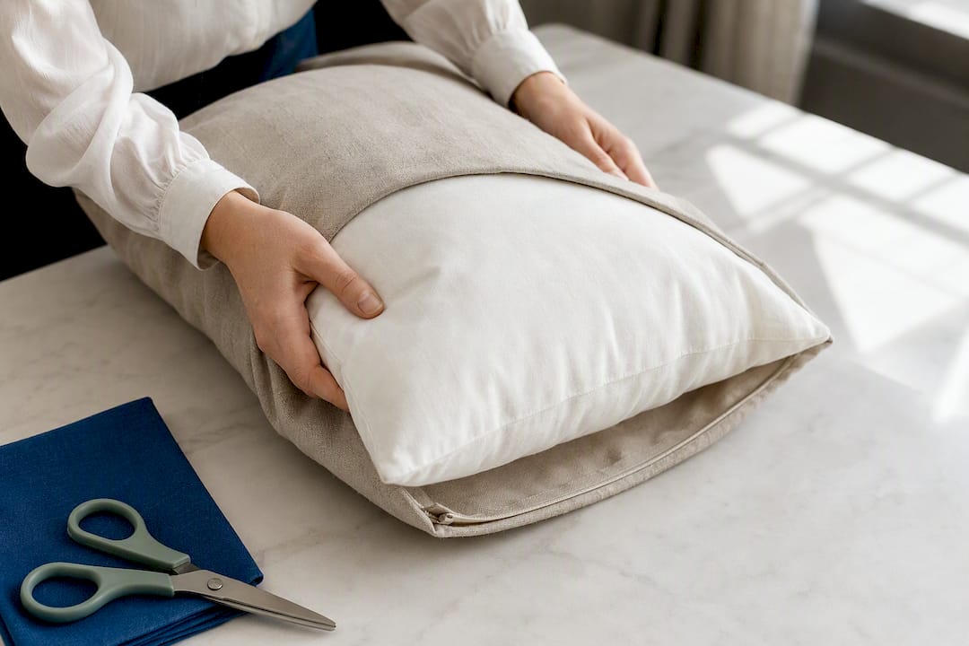 Hands fitting oversized pillow insert into cover