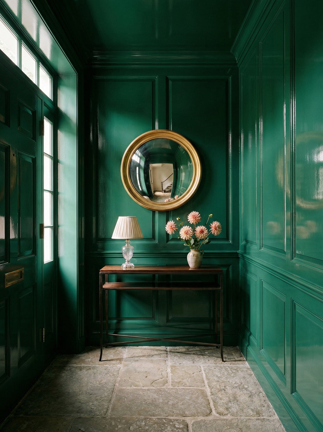 Emerald green lacquered walls in a paneled foyer with a gold mirror, Hollywood Regency style