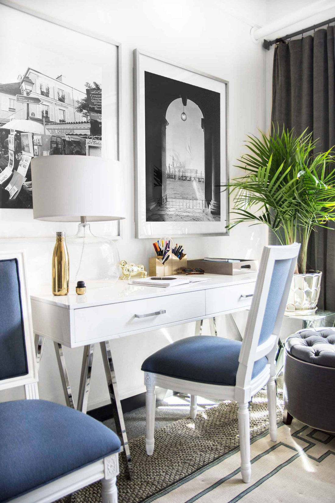 Small space bedroom dorm design with grey velvet curtains, blue Louis chair and black and white photography on Thou Swell @thouswellblog