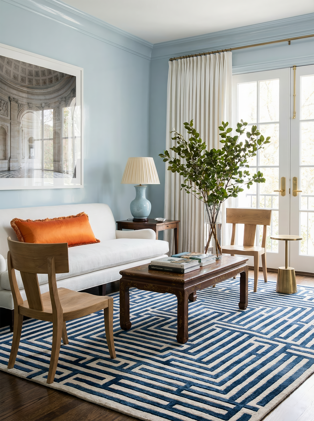 Anatolia hand-tufted maze rug by Kevin Francis Design styled in a living room