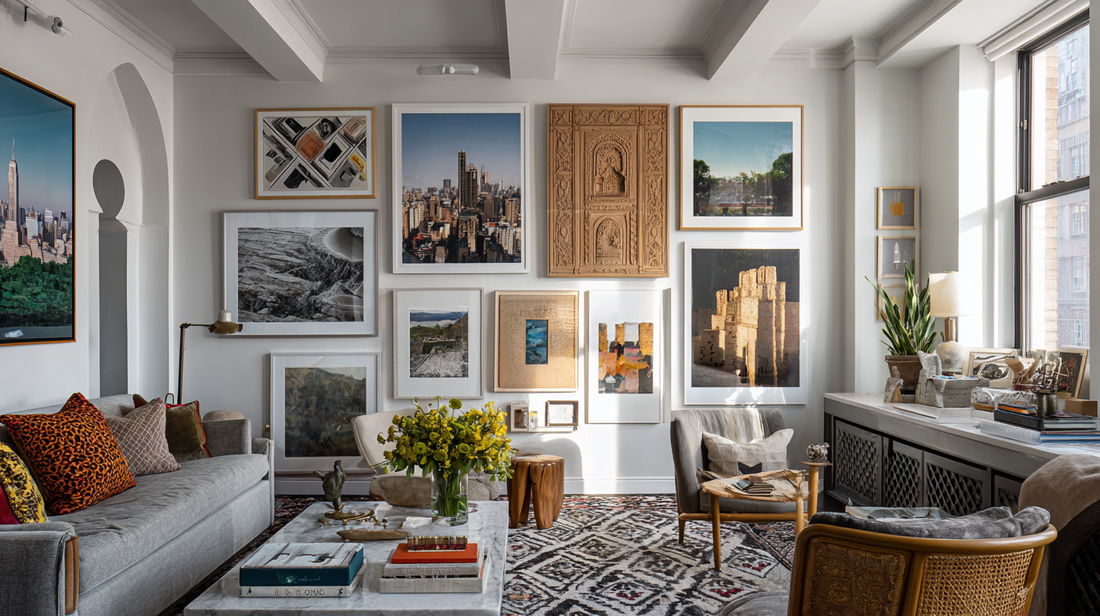 Bright living room with layered framed artwork and colorful abstract paintings on the wall