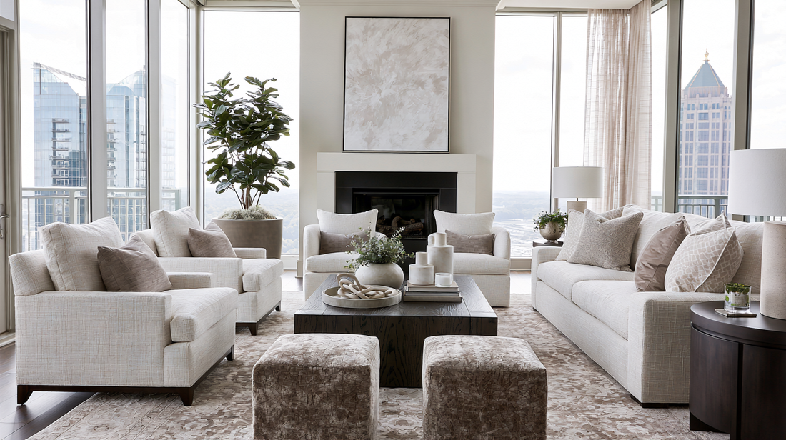 Modern classic condo living room with a solid-color wool rug zoning the seating and layered lighting