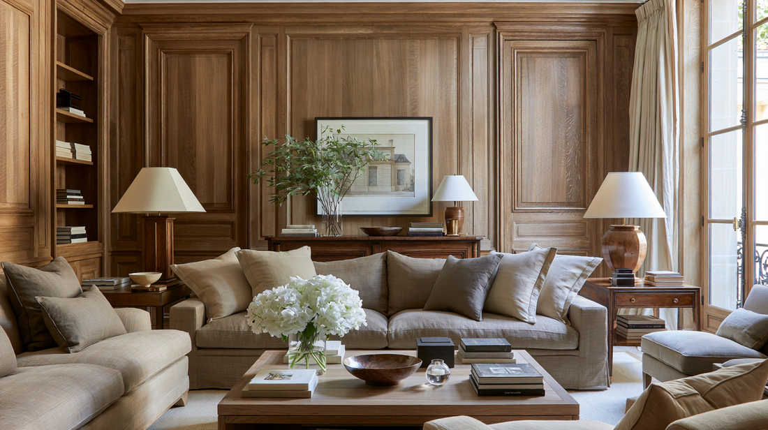 Sophisticated modern classic living room with a patterned rug, layered lighting, and antique seating