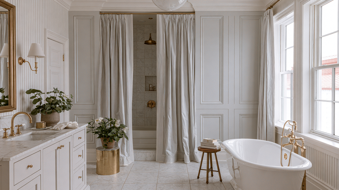 Modern classic bathroom with a floor-length patterned shower curtain and brass hardware